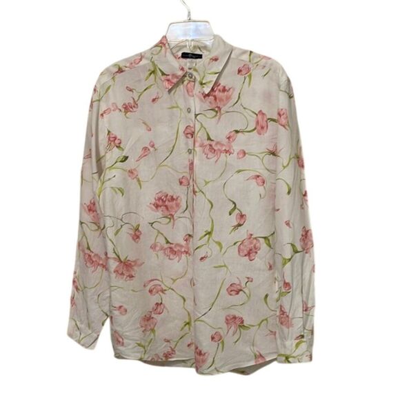 Island Republic Tops - Island Republic White Floral Linen Button Up Shirt Womens Size Small Oversized